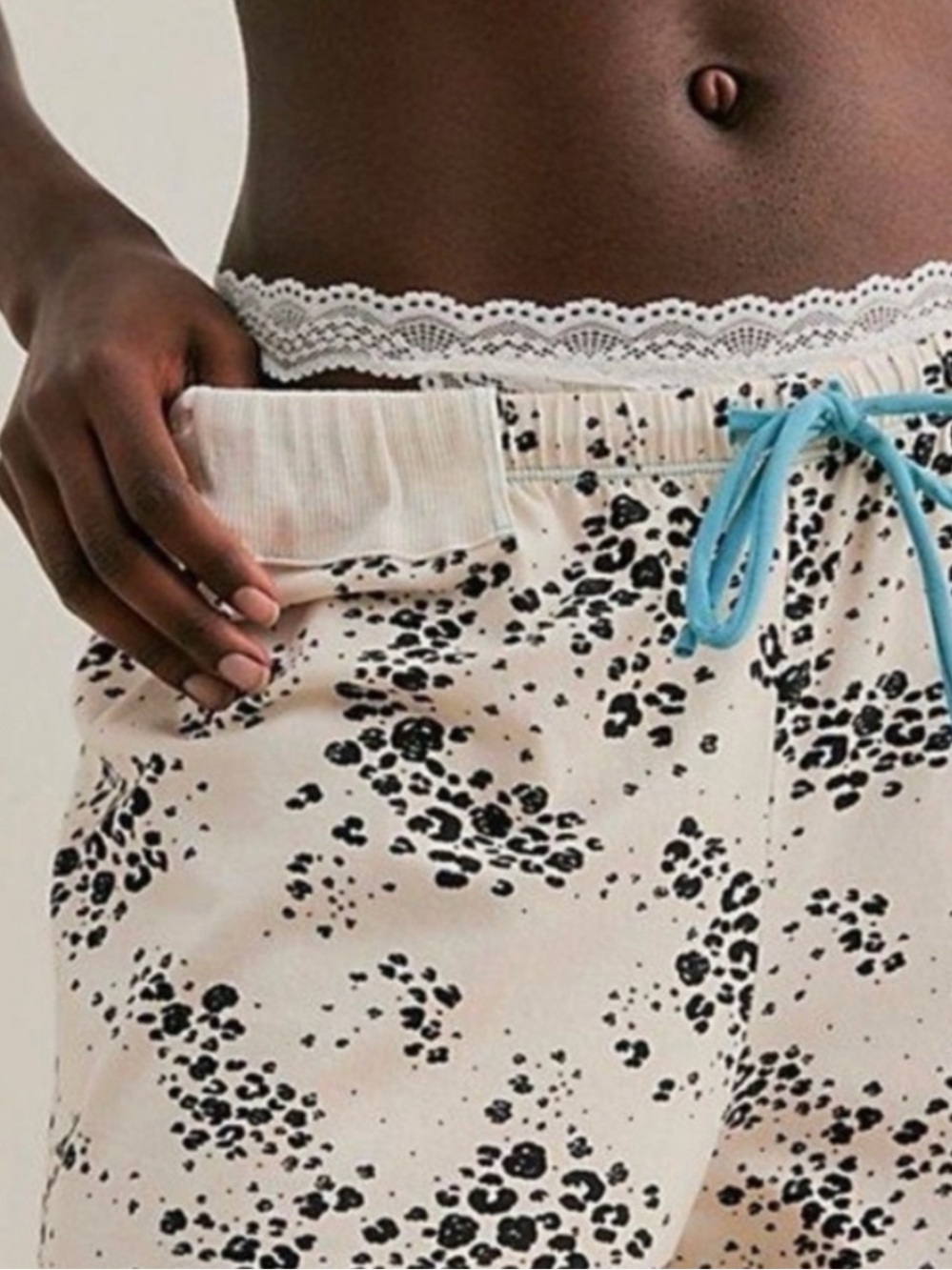 Free People Beige Speckled Wide Leg Pants with Blue Drawstring - Picture 3 of 5
